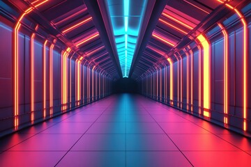 Fototapeta premium Futuristic hallway illuminated with vibrant neon lights creating a modern atmosphere.