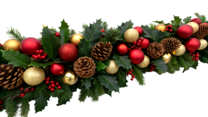High-Quality Christmas Garland Image Full HD 4K Stock Photo with Evergreen, Holly, Pinecones, Red Gold Baubles, Berries, and Transparent Background PNG Download