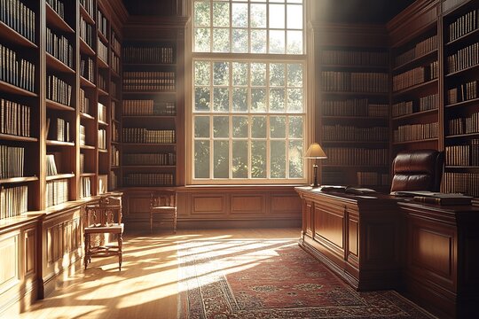 A serene judge's chamber featuring neatly arranged law books on shelves, a prominently displayed gavel on the desk, and soft sunlight filtering through large windows, creating an atmosphere of contemp