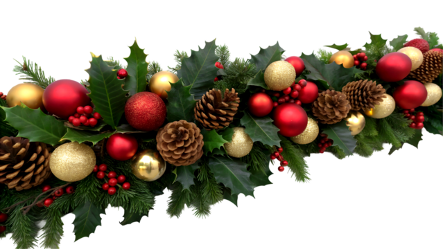High-Quality Christmas Garland Image Full HD 4K Stock Photo with Evergreen, Holly, Pinecones, Red Gold Baubles, Berries, and Transparent Background PNG Download
