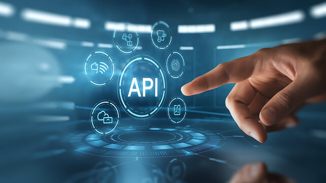 API interface, Application programming interface, Businessmen Interacting with a Futuristic API Interface, business technology, API integration