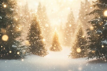 A magical Christmas background featuring a snow-covered forest with tall evergreen trees adorned with twinkling lights and ornaments. 