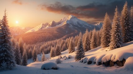 Fototapeta premium winter mountain forest at sunset, at dawn