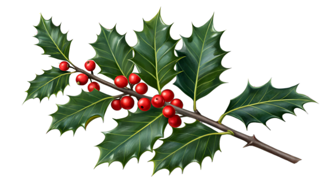 Top Adobe Stock Holly Plant Image - Realistic Digital Illustration of Holly Branch with Glossy Dark Green Leaves and Red Berries, Full HD, 4K Stock Photo, PNG Transparent Background, Download