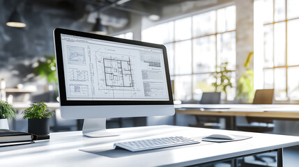 Architectural design with detailed building plans and 3D models in computer screen on a desk in a modern office. Innovative architectural design