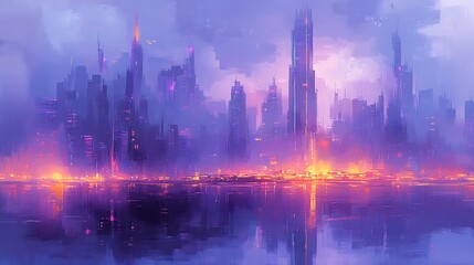A futuristic city skyline with tall buildings and a glowing reflection in the water.
