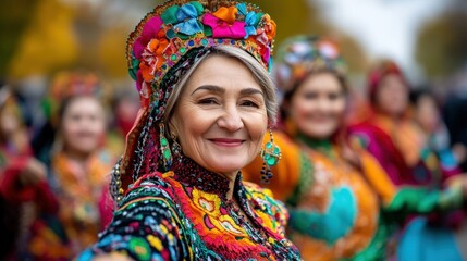 Fototapeta premium An older woman radiates joy as she dances in vibrant traditional attire, part of a cultural celebration, surrounded by others in colorful folk costumes.