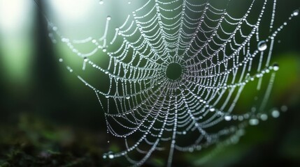 Dewdrops on spider web in forest light