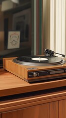 A vintage record player with an old vinyl record on it, placed in the center of a wooden table, with a blurred background that suggests cozy living room decor.