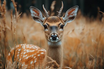 Fawn with Curious Eyes Amidst Golden Grass in the Forest