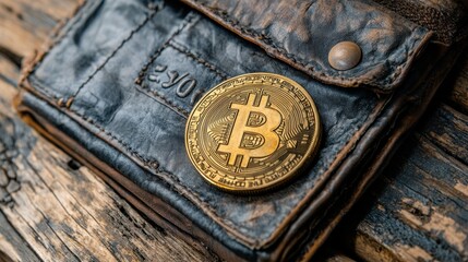 Vintage Wallet with Bitcoin Coin on Wooden Surface
