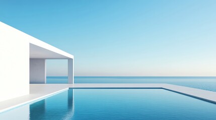 Fototapeta premium Abstract architectural design featuring large, curving forms, clean lines, and reflections in a serene water setting under a clear sky