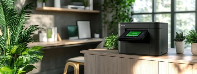 A high-end black laser printer with a large green display on the side, sitting in an office environment