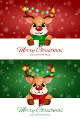 Merry Christmas Greetings Labels in Red & Green Variations with Cute Reindeer and Festive Lights Illustration