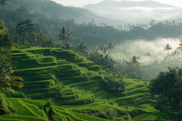 Fototapeta premium Lush green terraced rice fields in misty valley