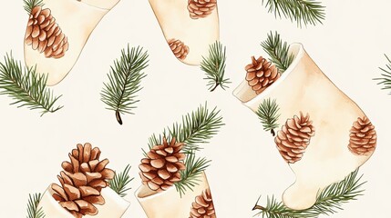 Fototapeta premium Watercolor Seamless Pattern of White Christmas Stockings with Pine Cones and Green Pine Branches