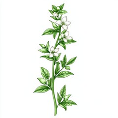 Fototapeta premium A detailed illustration of a plant with white flowers and green leaves on a white isolated background.