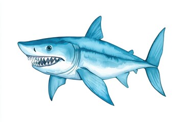 A detailed illustration of a shark with sharp teeth swimming gracefully in blue waters.