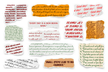 Naklejka premium Ripped paper strips with handwritten text. Realistic crumpled paper scraps with torn edges. Shreds of notebook, book or old newspaper pages. Trendy collage elements. Vector illustration