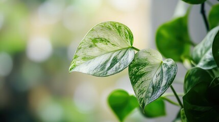 Close-up of variegated heart-shaped leaves of a houseplant with a blurred background.
