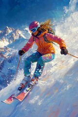 Dynamic picture of woman skier in blue outfit on the piste ski downhill fast motion in Alps. Active winter holidays, skiing downhill in overcast day. Ski rides on the track with swirls of fresh snow