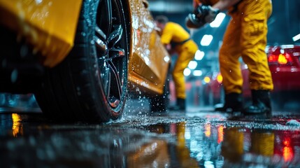 A worker in yellow attire is meticulously cleaning the tire of a car, illustrating thorough automobile care in a bustling environment focused on precision and quality.