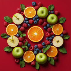 Fruit symmetrical mandala art on red background
