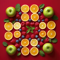 Fruit symmetrical mandala art on red background
