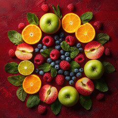Fruit symmetrical mandala art on red background
