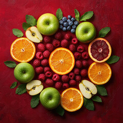 Fruit symmetrical mandala art on red background
