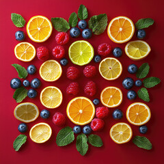 Fruit symmetrical mandala art on red background
