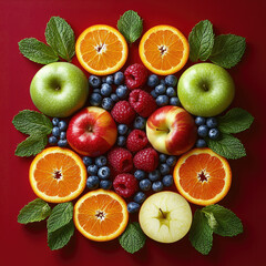 Fruit symmetrical mandala art on red background
