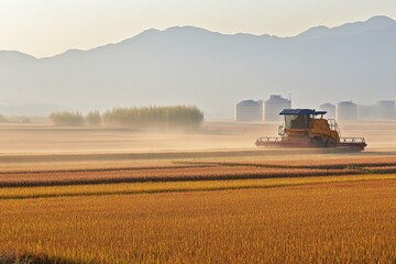 Fototapeta premium Combine harvester working in golden rice field