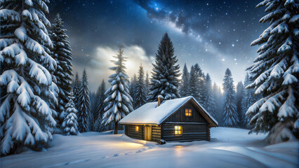 Fototapeta premium Snowy cabin in pine forest with starry night sky on a cold winter evening