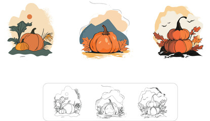 Fototapeta premium Colorful Autumn Harvest Illustrations Featuring Pumpkins and Leaves