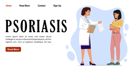 Psoriasis treatment and prevention banner. Doctor making test, woman with allergic skin inflammation