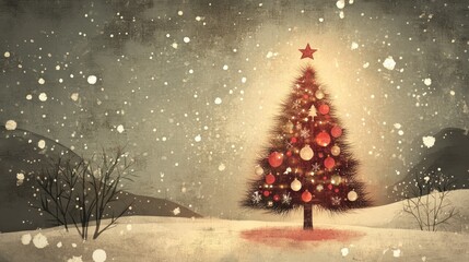 Obraz premium A vintage Christmas card illustration featuring a glowing tree with retro ornaments, classic fonts, and soft, faded colors.