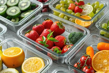 Creative glass food container with various fruits and vegetables image.