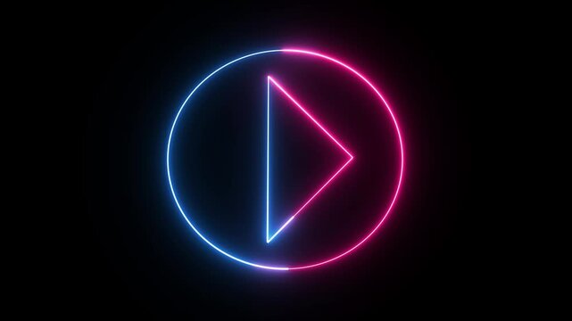 Neon line pause button. Abstract neon glowing Play button animation on dark background. Neon circular animation. Neon style press start icon, technology and music play and stop button animation.