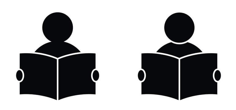 Cartoon person reading a book. Read a newspaper paper. learn book icon or symbol. Studying, school concept. Book reader logo. Student, learns from books. World book Day.