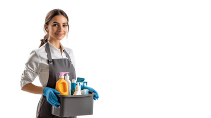 Professional cleaning service worker holds bucket of supplies,white background,banner,copy space.