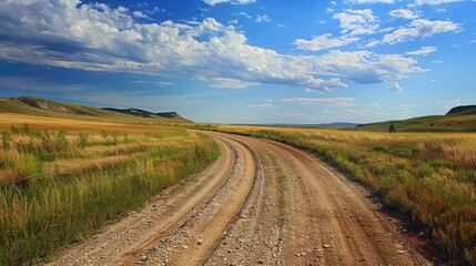 Open Range. Gravel Road Intersection in Rural Countryside Grassland