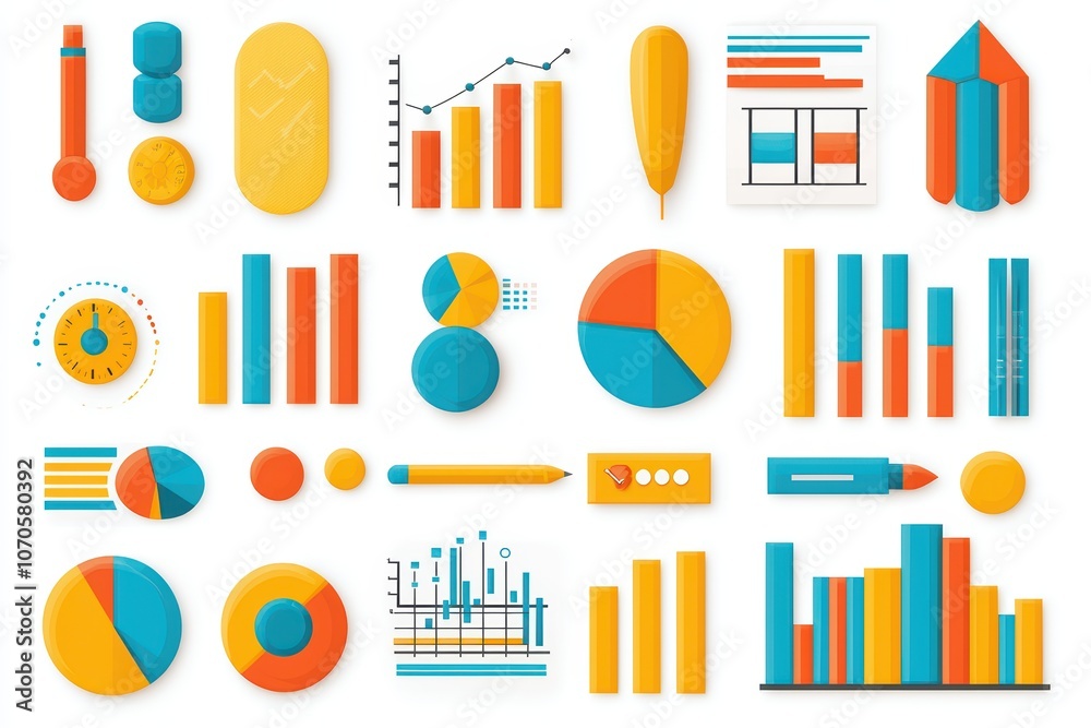 Poster collection of colorful charts and graphs for data visualization on a white isolated background.