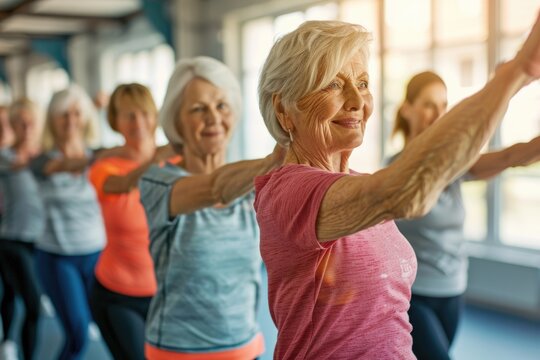 Senior Women Working Out Together. Group Fitness Exercise for Arm Toning and Mobility