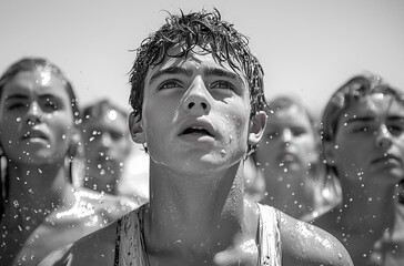 A black and white photograph of an athletic young man with wet hair, looking up at the sky while standing in front of his friends on a beach during the summer, sweat dripping down from his head