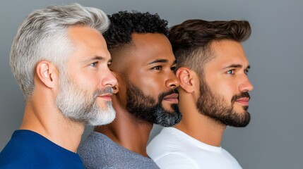Three men of diverse backgrounds pose side by side, showcasing their unique styles and grooming in a neutral setting