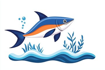 Obraz premium Colorful fish swimming in waves with seaweed, white isolate background.