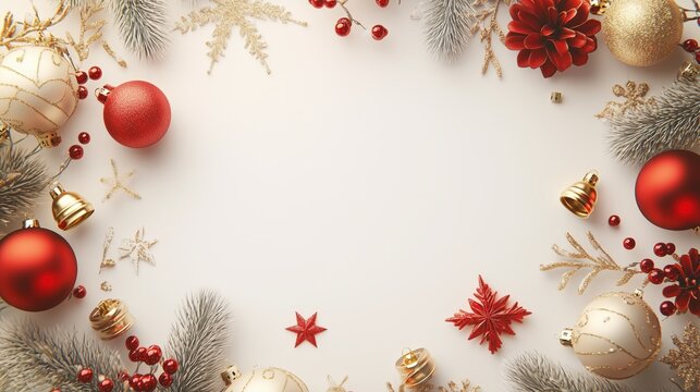 A festive white banner featuring gold and red Christmas ornaments, bells, and garlands, with an empty space in the center for a personalized message.