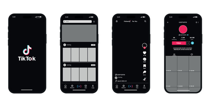 Kiev, Ukraine - November 1, 2024: Tik Tok mockup. Set tik tok screen social media and social network interface template. TikTok photo frame. iphone Stories, liked, stream. Editorial vector