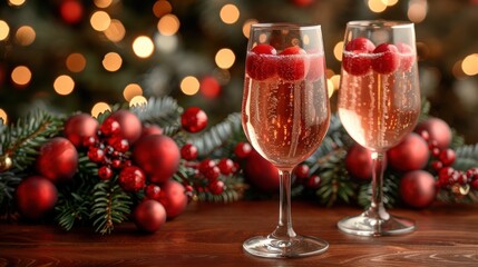 Two elegant champagne glasses filled with bubbly festive drinks and cranberries, set against a beautifully decorated Christmas background with bokeh lights